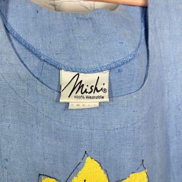 Mishi Maxi Linen Dress Women Small Chambray Hand Painted Artsy Pockets Boho - Picture 5 of 14